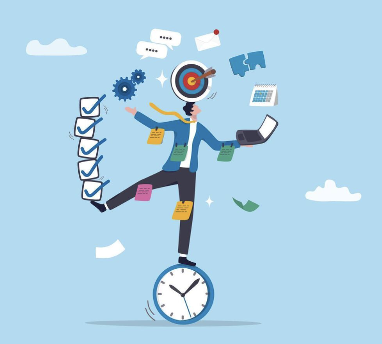 Illustration of a person balancing many tasks at once — checklist, calendar, and laptop — while riding a clock