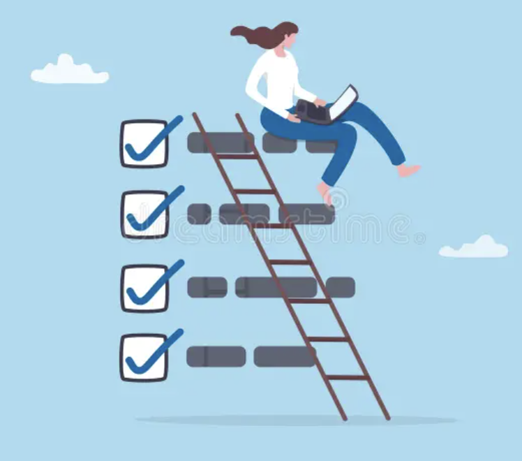 Illustration of a person climbing a ladder made of completed tasks while working on a laptop
