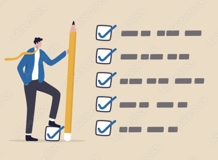 Illustration of a person climbing a pencil next to a completed checklist
